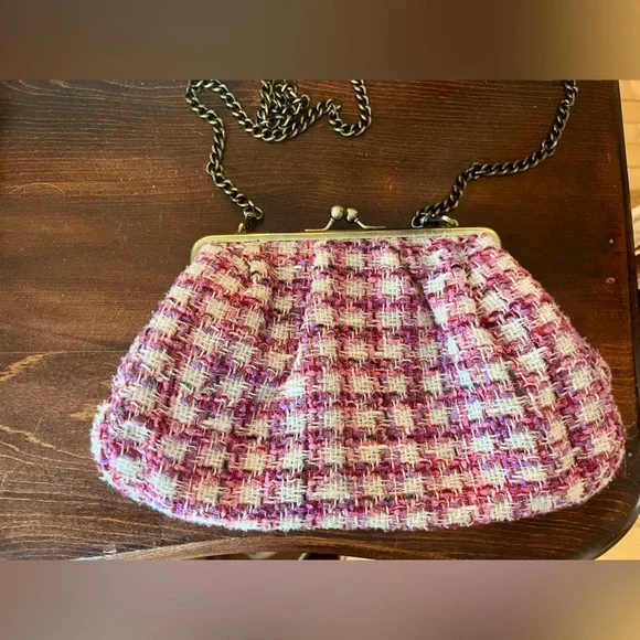 Anthropologie Audrey Plaid Clutch & Crossbody Purse Pink White Tweed Gold Chain - Picture 5 of 5